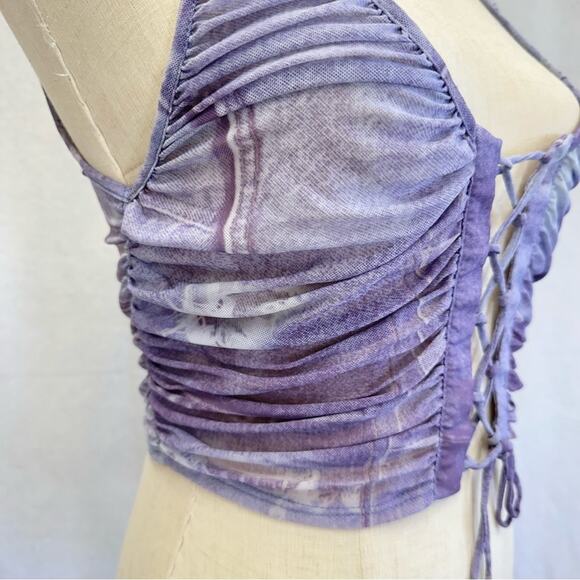 Urban Outfitters Ruched Lace-Up Mesh Tank Top Denim Jeans Print Size Medium - Picture 4 of 16